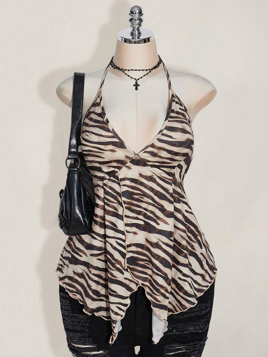 SHEIN ICON Plus Size Women's Sexy Backless Zebra Print Summer Top, Suitable For Summer Vacation, Festivals Leopard Print - Multicolor - View 1
