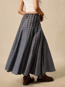 Easelle Falda larga a cuadros de otoño temprano 2025 para mujer, de múltiples capas, todo a juego, casual, retro, acampanada, patchwork, a rayas, retro, a cuadros, bohemia, occidental - Azul Marino - Ver 2