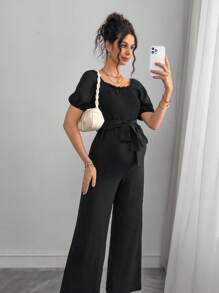 Momance 时尚方领短袖系带连体裤 - 黑色 - 查看 5