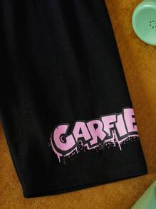 GARFIELD | SHEIN Ensemble 2 pièces de T-shirt style sport décontracté ample avec motif tie-dye et graffiti et shorts de cyclisme noirs pour jeune fille, adapté pour le printemps/été et les sports extérieurs