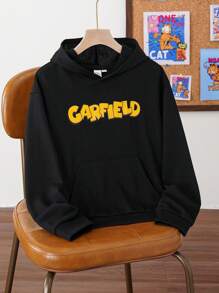 GARFIELD | SHEIN 男童卡通图案黑色休闲口袋卫衣，适合春秋冬季穿着 - 黑色 - 查看 2