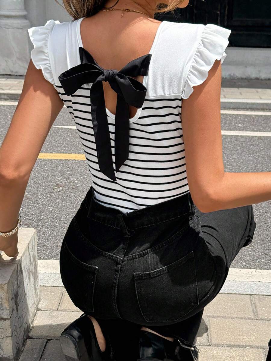 Pariaura 春夏时尚法式街头风格条纹露背盖袖女式吊带背心 - 白色 - 查看 1