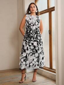 Anewsta 加大码女式长款无袖花卉刺绣连衣裙，奢华优雅的女士晚礼服 - 黑與白 - 查看 4