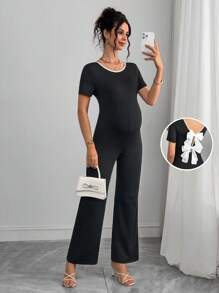 SHEIN Salopetă de maternitate cu guler rotund și fundă, culoare solidă, fără spate, culoare solidă - Negru - Vizualizare 1