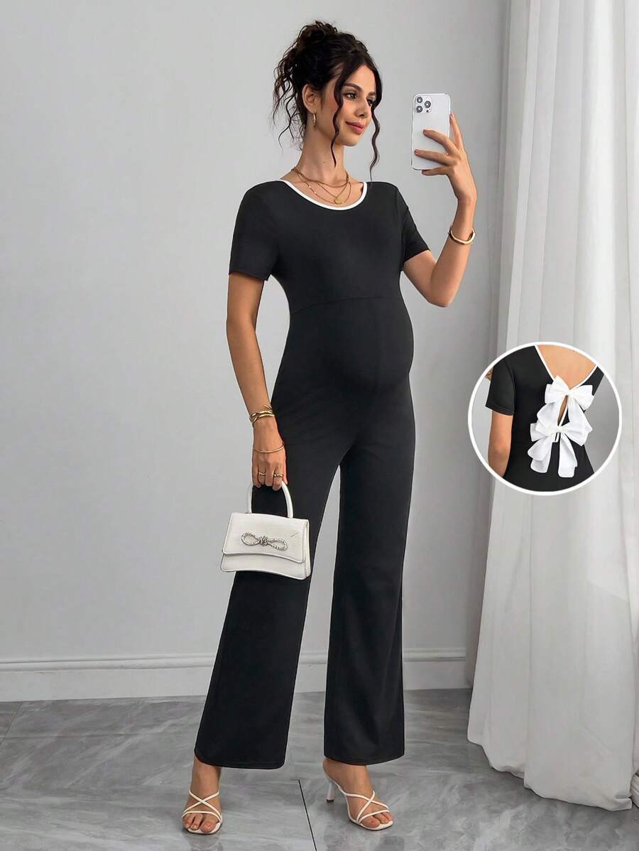 SHEIN Salopetă de maternitate cu guler rotund și fundă, culoare solidă, fără spate, culoare solidă - Negru - Vizualizare 1