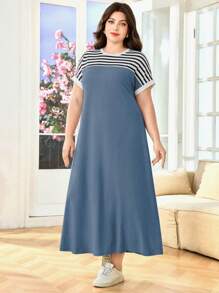 SHEIN Lacomfia Plus Size Summer Casual Striped Patchwork Dress - Blue - View 5