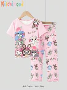 Young Girls Cute Cartoon Rabbit Print Pajama Set, Pink Rabbit Print Top With Matching Pink Bottom Shorts, Comfortable And Casual Set Girls Pyjamas Cartoon Pajamas - Pink - View 5
