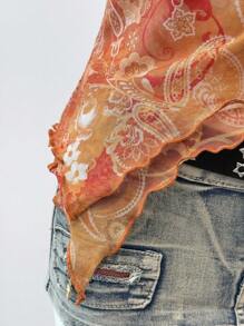 SHEIN EZwear Summer Country Concert Retro Print Mesh Backless Halter Neck,See Through Top - Orange - View 5