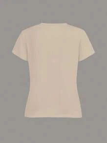 SHEIN Áo thun nữ cổ chữ V thêu họa tiết mùa hè thoải mái đa năng - Màu be - Xem 2