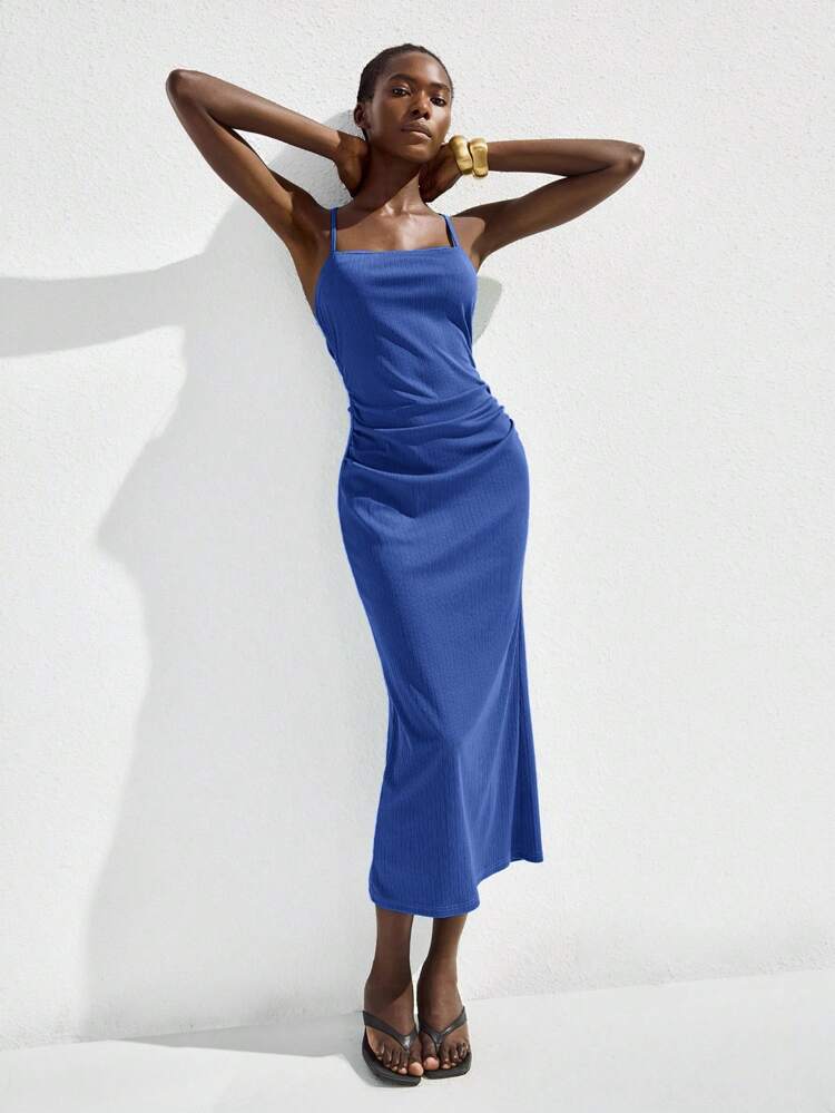 SHEIN Maija 2025 Autumn/Winter New Blue Asymmetrical Cut Asymmetric Criss-Cross Backless Twist Design Dress, Modern Elegant Urban Romantic Modest Rustic Music Festival Vintage Airport Travel Street Wedding Guest Birthday Halloween Business Casual Office Date Party Outing Airport Back To School Fall Dress For Women