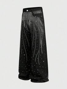 ROMWE MEN Street Life Quần Jeans Rộng Baggy Kim Cương Lấp Lánh Cho Nam - màu đen - Xem 8