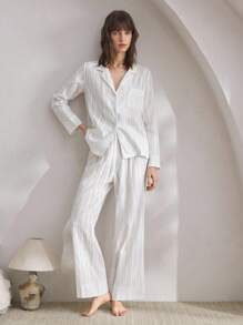 Ocili Leisure 1 Set Women's Natural Comfort Non-Stretch Crinkled Linen Long Sleeve Top And Full Length Pants Sleepwear Pajamas Set, Fall Winter Clothes Cozy And Elegant Details - Beige - View 2