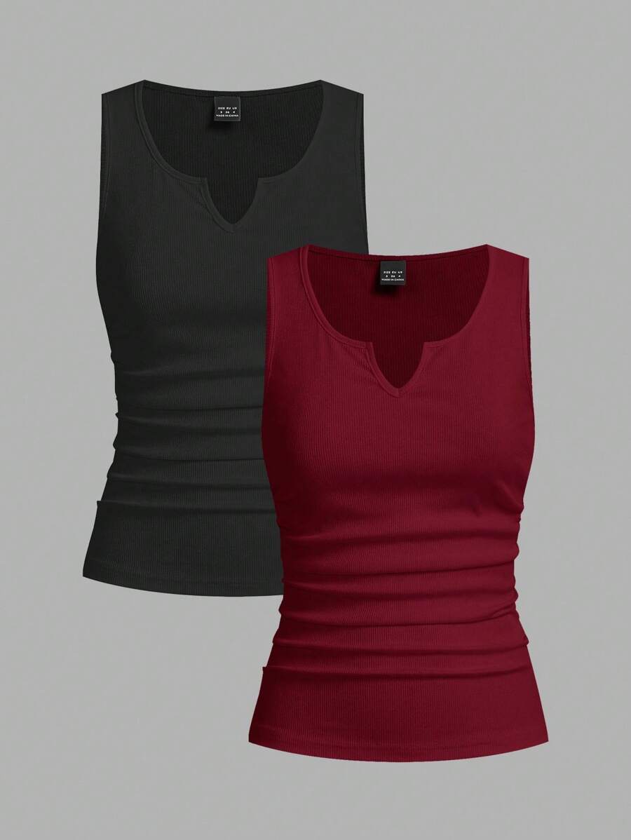 Slaydiva 2pcs Women Casual Notched Neck Ruched Tight Ribbed Fabric Tank Top Set, Suitable For Summer Back To School - Multicolor - View 1