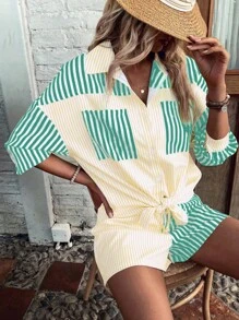 Breezaya Conjunto De Camiseta De Manga Corta Y Pantalones Sueltos Con Diseño De Bloques De Color A Rayas, Botones Al Frente Y Bolsillos Con Parche - Multicolor - Ver 4