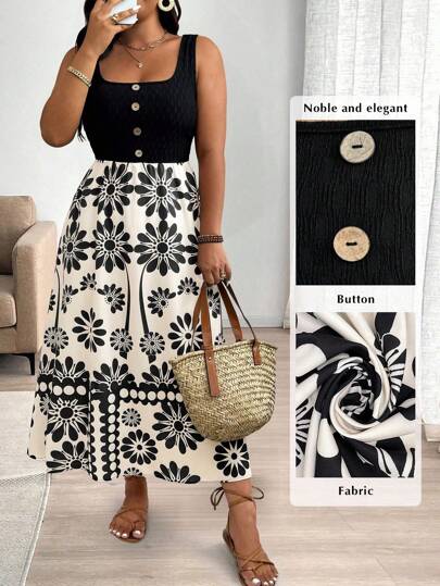 Rometta Plus Size Casual Holiday Colorblock Floral Print Sleeveless Dress