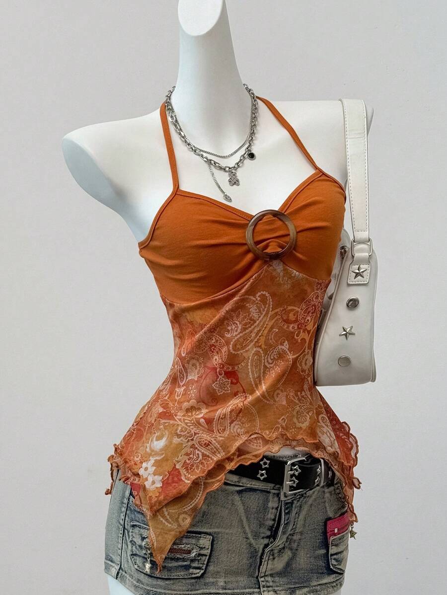 SHEIN EZwear Summer Country Concert Retro Print Mesh Backless Halter Neck,See Through Top - Orange - View 1