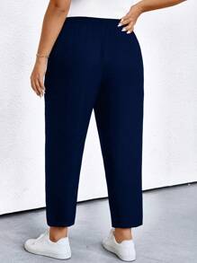 SHEIN PETITE Plus Size Women Casual Loose Solid Drawstring Pants For Outdoor Vacation - Navy Blue - View 2