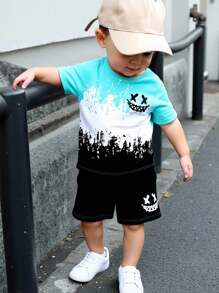 2 Pieces Baby Boy Fashion Tie-Dye Gradient Face Print Short Sleeve T-Shirt And Face Print Shorts Set, Suitable For Outings In Summer - Multicolor - View 3