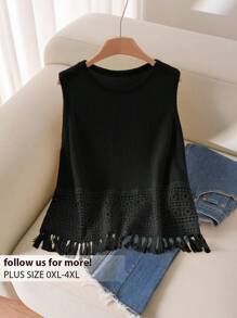 CosyJoli 大码女士休闲纯色蕾丝拼接吊带背心/上衣，夏季，商务休闲女装，略微透视，外出上衣 - 黑色 - 查看 1