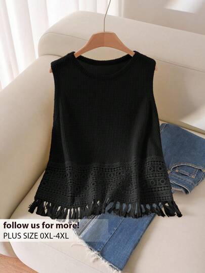 CosyJoli Plus Size Women's Casual Solid Color Lace Patchwork Camisole & Top, Summer, Business Casual Woman, Slightly Sheer, Going Out Tops Women