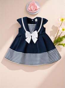 Souflis Souflis Baby Girl Striped Print Bow Front Sailor Collar Dress