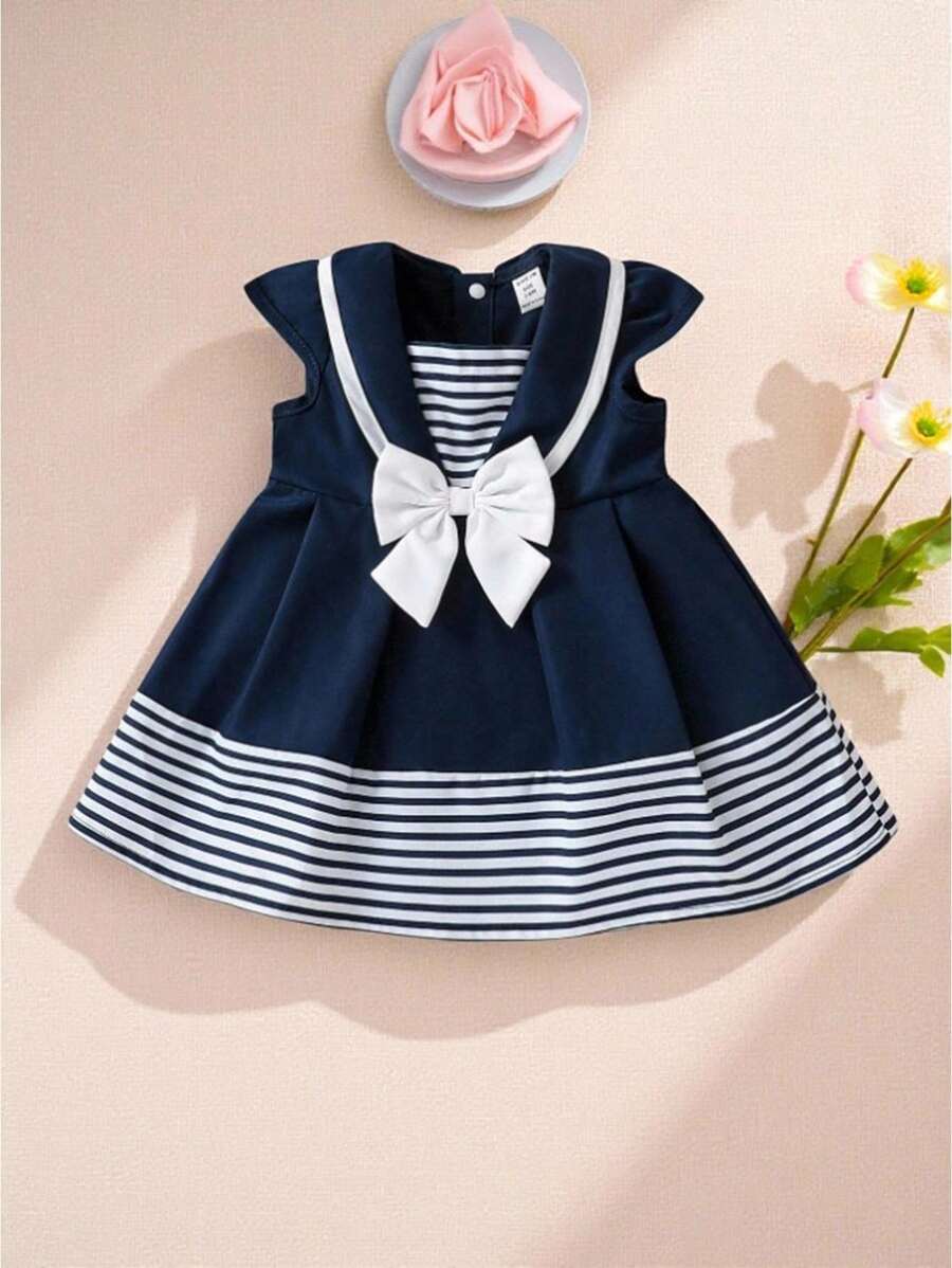 Souflis Souflis Baby Girl Striped Print Bow Front Sailor Collar Dress