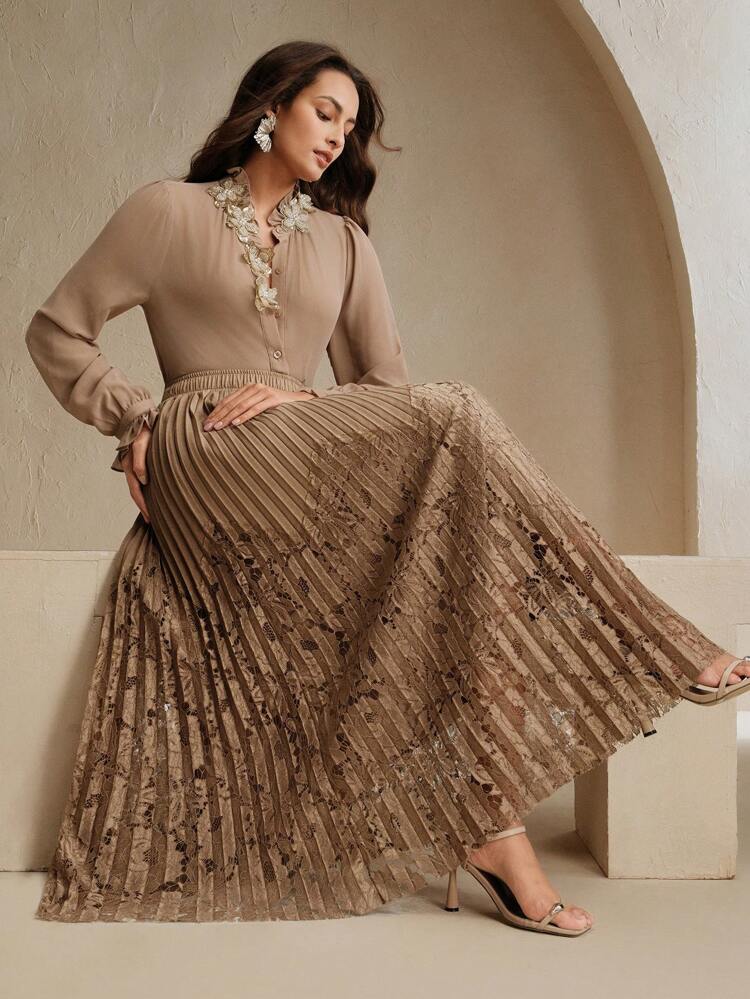 Women's Lace Patchwork Design Pleated Ruffle Maxi Long Skirt