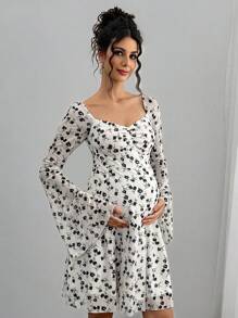 Momance Spandex Mesh Print Flare Sleeve Backless Bowknot Collar Maternity Dress - Multicolor - View 5