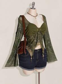 SHEIN ICON Women's Bohemian Holiday Paisley Print T-Shirt, Asymmetric Hem, Bell Sleeves, Vintage Y2k, Fall Boho Tops For Women Olive Green Top Paisley Top Bohemian Top Bell Sleeve Top,Back To School Bohemian Tops