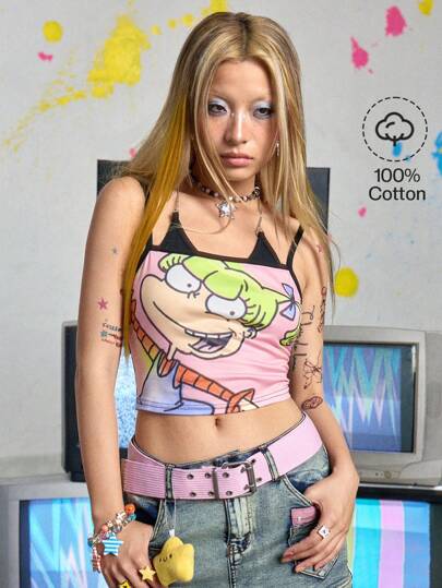 Nick 90's X ROMWE Vintage American Style Cartoon-Muster Enges Neckholder-Camisole für Damen