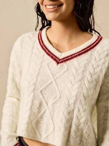 Easelle Suéter casual y vintage de estilo bohemio, holgado y cómodo, con cuello en V, en color beige, con corte cropped y detalles de rayas contrastantes, para usar en otoño e invierno - Beis - Ver 1