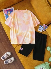 GARFIELD | SHEIN Ensemble 2 pièces de T-shirt style sport décontracté ample avec motif tie-dye et graffiti et shorts de cyclisme noirs pour jeune fille, adapté pour le printemps/été et les sports extérieurs