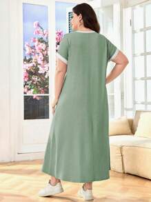 SHEIN Lacomfia 大码纯色短袖连衣裙，夏季时尚 - 橄欖綠 - 查看 2