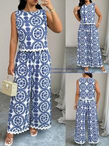 Elenzga Duży rozmiar, nadruk, swobodny, wakacyjny i dojazdowy, 2-częściowy zestaw - Niebieski - Zobacz 1