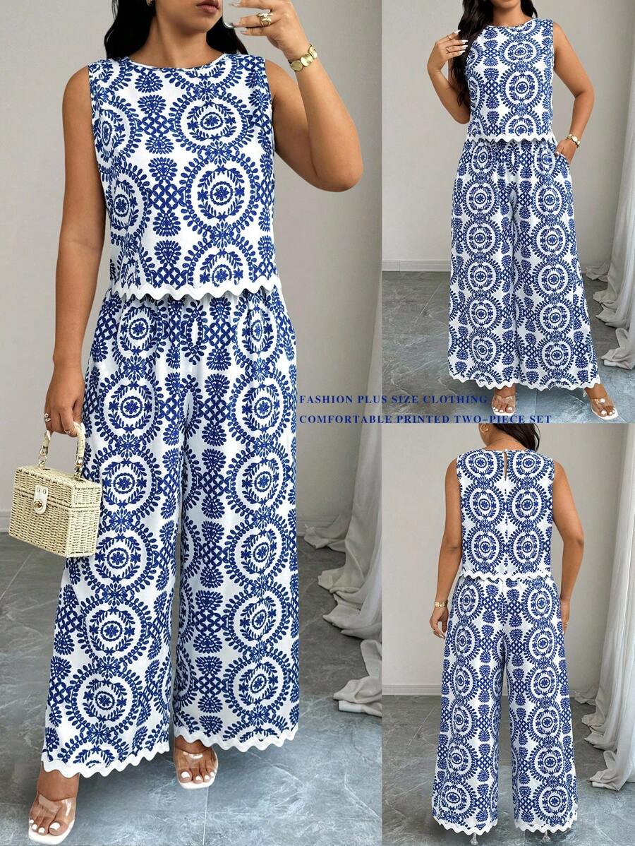 Elenzga Duży rozmiar, nadruk, swobodny, wakacyjny i dojazdowy, 2-częściowy zestaw - Niebieski - Zobacz 1