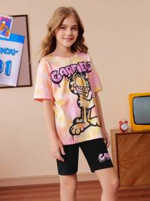 GARFIELD | SHEIN Ensemble 2 pièces de T-shirt style sport décontracté ample avec motif tie-dye et graffiti et shorts de cyclisme noirs pour jeune fille, adapté pour le printemps/été et les sports extérieurs