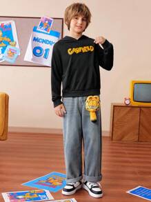 GARFIELD | SHEIN 男童卡通图案黑色休闲口袋卫衣，适合春秋冬季穿着 - 黑色 - 查看 7