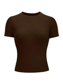 INAWLY Tee-shirt ajusté col rond couleur café grande taille pour femmes - Marron - Voir 3