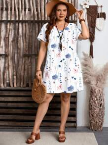 EMERY ROSE 休闲百搭度假风蓝白碎花加大码V领落肩连衣裙，适合夏季