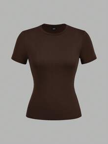 SHEIN EZwear Bộ 3 áo thun dài tay bó sát cổ tròn thường ngày cho nữ màu đen, nâu đậm, màu mơ, thích hợp cho mùa hè - Nhiều màu - Xem 5
