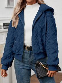 EMERY ROSE Women's Casual Solid Color Textured Fuzzy Zip Up Hooded Jacket Fall Winter Cloth For Women
