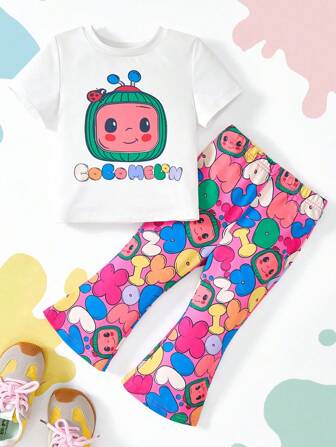 CoComelon X SHEIN Baby Girl Cartoon Watermelon Print Short Sleeve T-Shirt & Colorful Letter Graphic Flare Leg Pants 2pcs Set, Cute And Casual