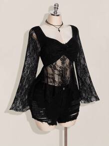 SHEIN ICON Áo kiểu dáng cỡ lớn, chất liệu ren nhún bèo, cổ tim, vạt bất đối xứng, phong cách Y2K, kiểu babydoll, thích hợp cho hẹn hò, đi nghỉ mát, du lịch. Dành cho phụ nữ. - màu đen - Xem 5