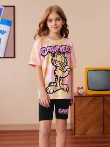 GARFIELD | SHEIN Ensemble 2 pièces de T-shirt style sport décontracté ample avec motif tie-dye et graffiti et shorts de cyclisme noirs pour jeune fille, adapté pour le printemps/été et les sports extérieurs