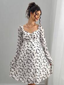 Momance Spandex Mesh Print Flare Sleeve Backless Bowknot Collar Maternity Dress - Multicolor - View 4