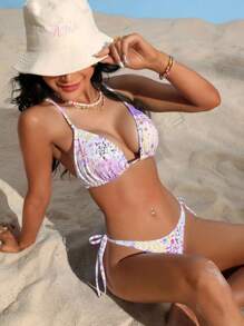 Swim Vcay Bikini de dos piezas con estampado floral ditsy y parte superior al cuello sexy para atar, estampado aleatorio, para mujeres en verano - Rosa - Ver 1