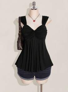 SHEIN ICON 大码女式黑色扭纹前部无袖娃娃裙针织上衣，Y2K 风格，适合毕业、返校、夏季 - 黑色 - 查看 8