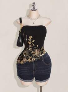 SHEIN ICON Plus Size Y2k Summer Women Going Out Vintage Boho Fashion Vacation Glitter Embroidered Sparkly Sequin Black Asymmetric Hem Embroidered Bandeau Top, Fashion Embroidered Corset Top - Multicolor - View 7