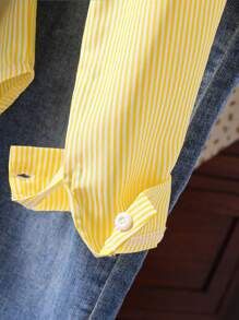 SHEIN 1pc Girls Turndown Collar Long Sleeve Striped Shirt With Front Embroidery Pattern, Casual Blouse For Autumn Fall Winter