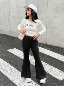 SHEIN 青少年女孩高腰弹力紧身喇叭裤，休闲简约，适合运动、居家、街头穿着